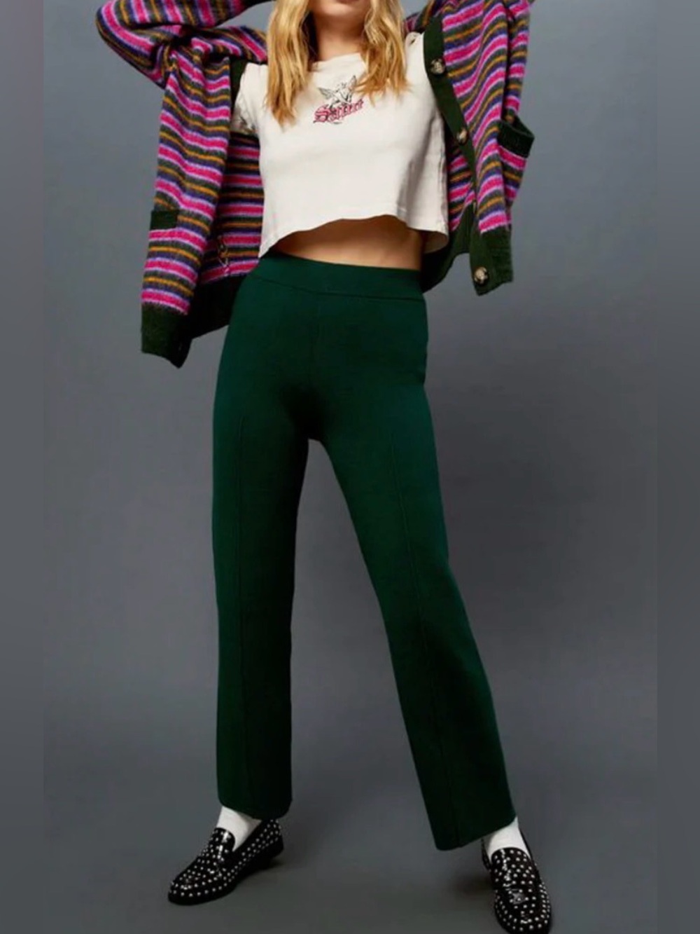 Daydreamer flare knit pintuck pants in dark green color. New - Picture 2 of 6